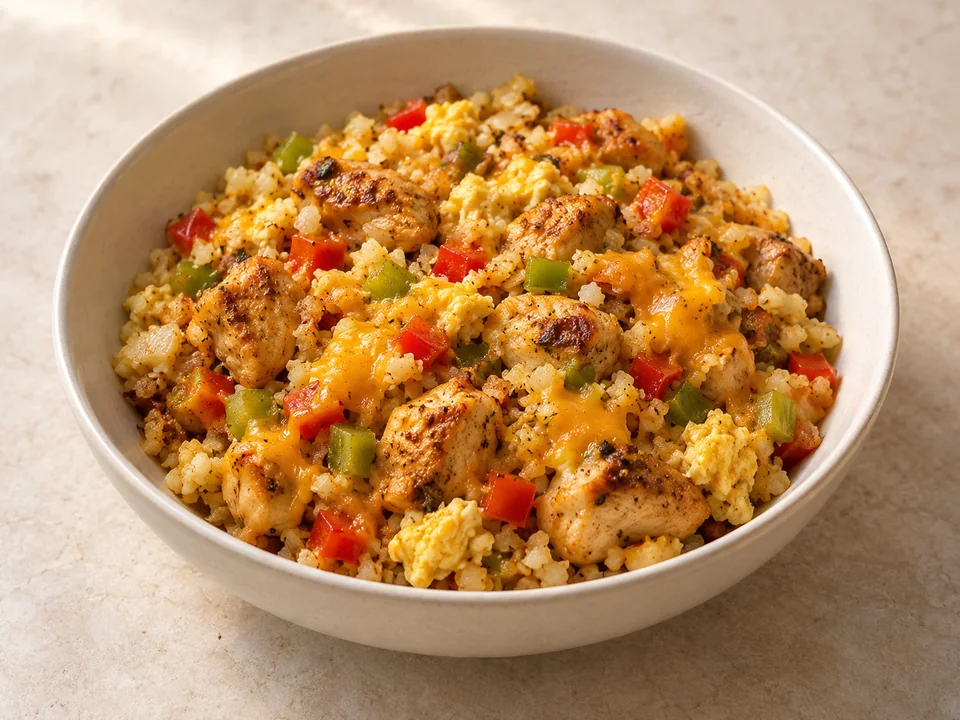 Serving illustration of Cajun Chicken and Cheddar Cauliflower Skillet